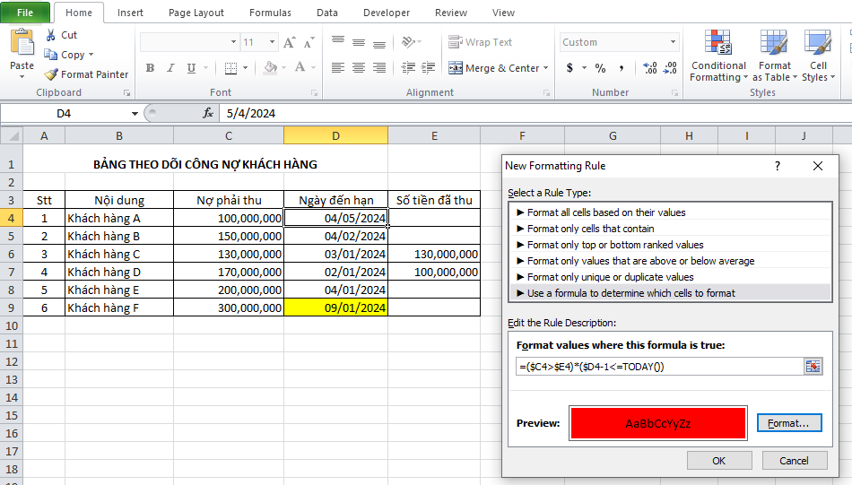 Tự động cảnh báo ngày đến hạn trong excel 4 Canhbao4.2