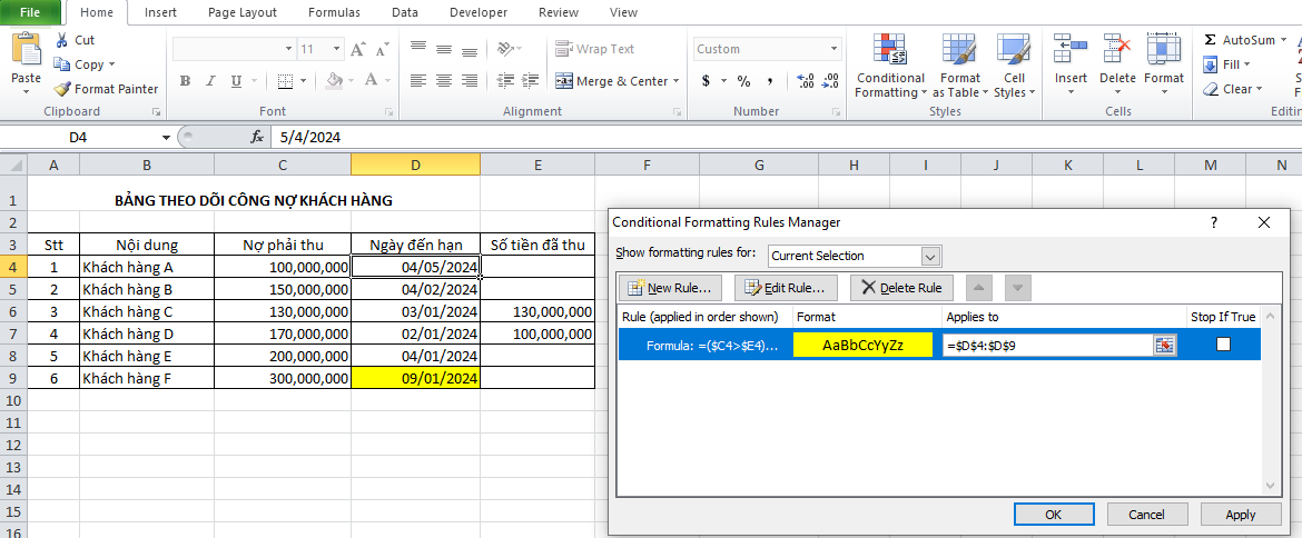 Tự động cảnh báo ngày đến hạn trong excel 3 canhbao3.2